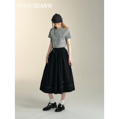 SomeSowe Lace Patchwork Casual Umbrella Skirt Black