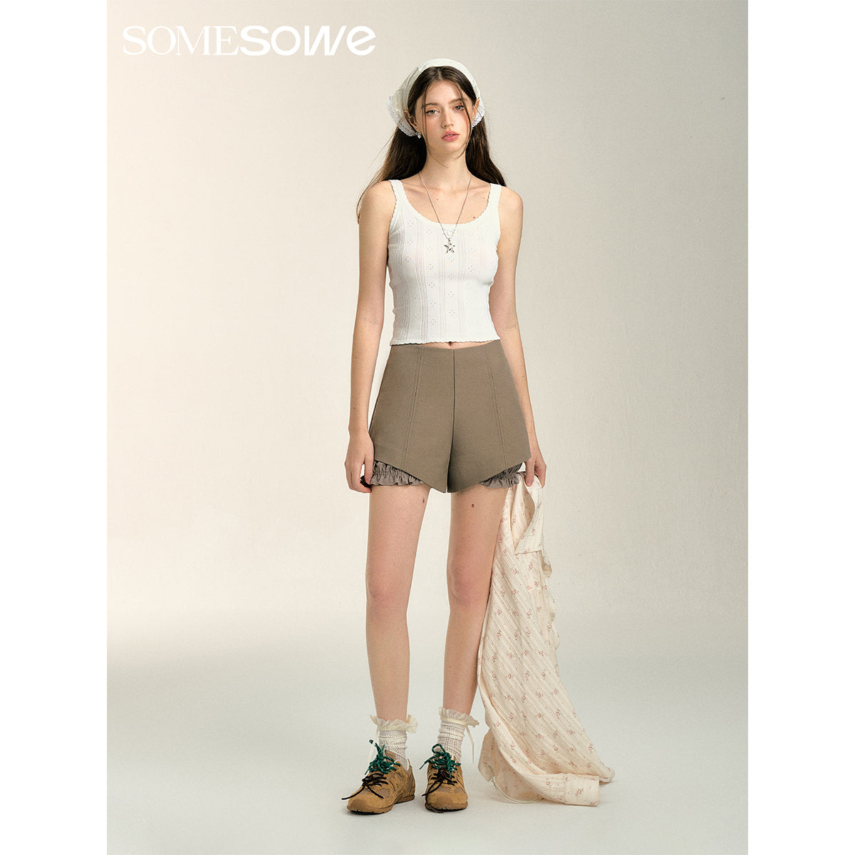 SomeSowe Split Patchwork Layered Bud Shorts Khaki