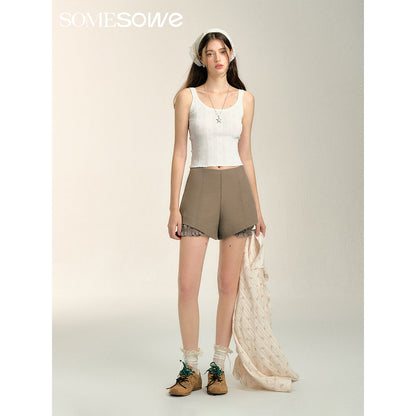 SomeSowe Split Patchwork Layered Bud Shorts Khaki