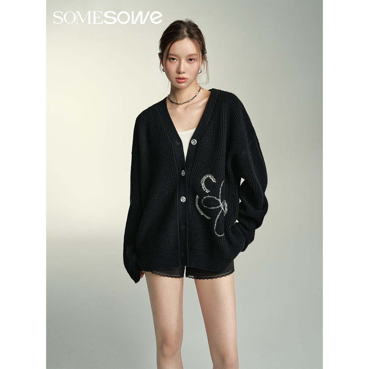 SomeSowe Beaded Floral Silhouette Cardigan Black