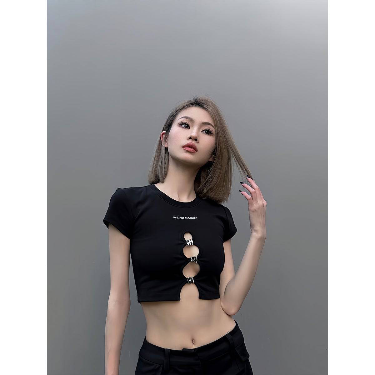 Weird Market Metal Logo Hollow-Out Knit Crop Top Black