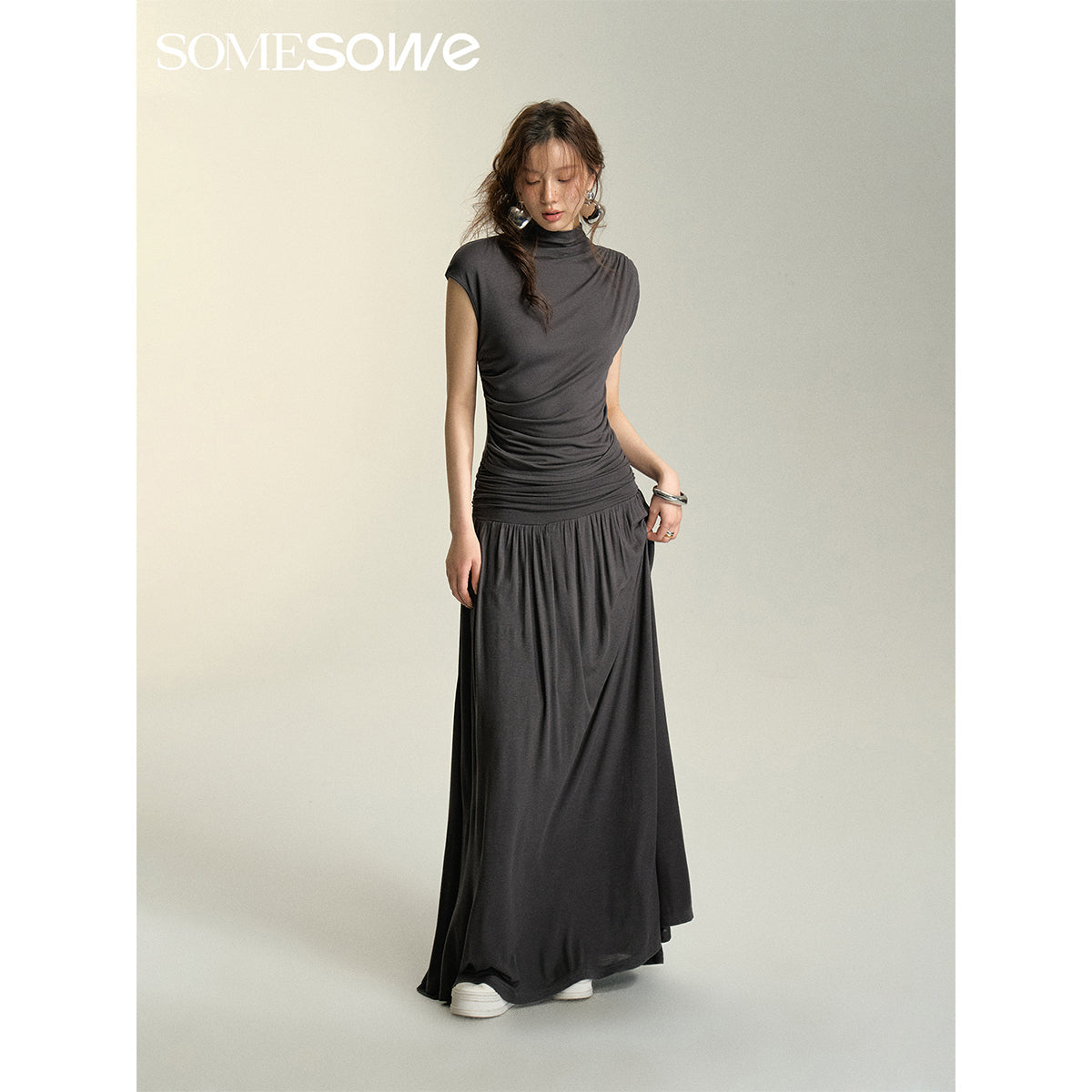 SomeSowe Heaped Ruffle Long Skirt Dark Grey