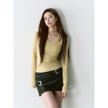 Via Pitti Irregular Collar Long Sleeve Slim Top Yellow