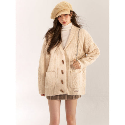 AsGony Blended Woolen Twist Lapel Knit Cardigan Khaki