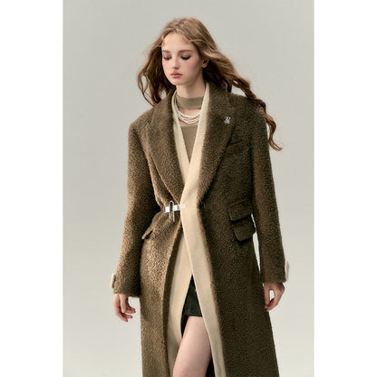 Via Pitti Fake-2-Piece Thicken Long Fleece Coat Brown