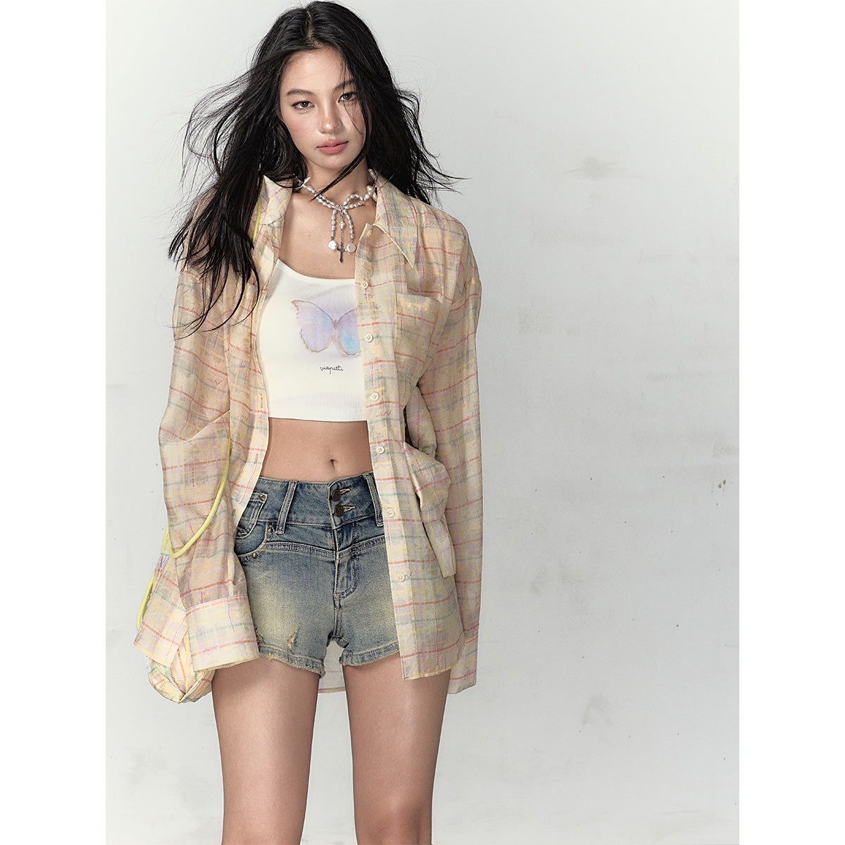 Via Pitti Plaid  Bow Loose Shirt Yellow