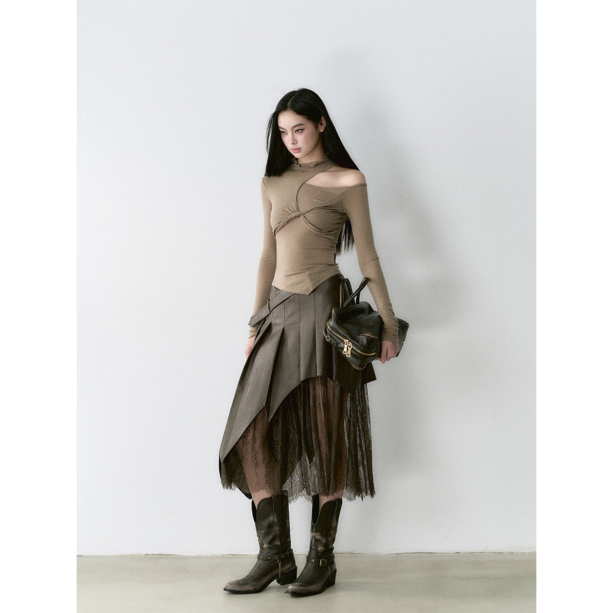 Via Pitti Irregular Lace Patchwork Leather Skirt Brown