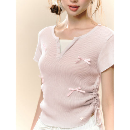 AsGony Fake-2-Piece Bow Tie Drawstring Knit Top Pink