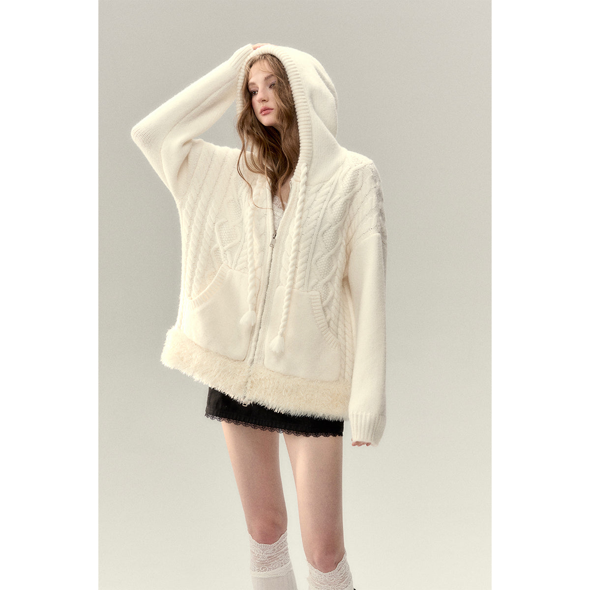 Via Pitti Fuzzy Edge Hooded Twist Knit Zipped Cardigan Cream