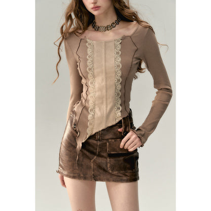 Via Pitti Lace Patchwork Knit Slim Top Khaki