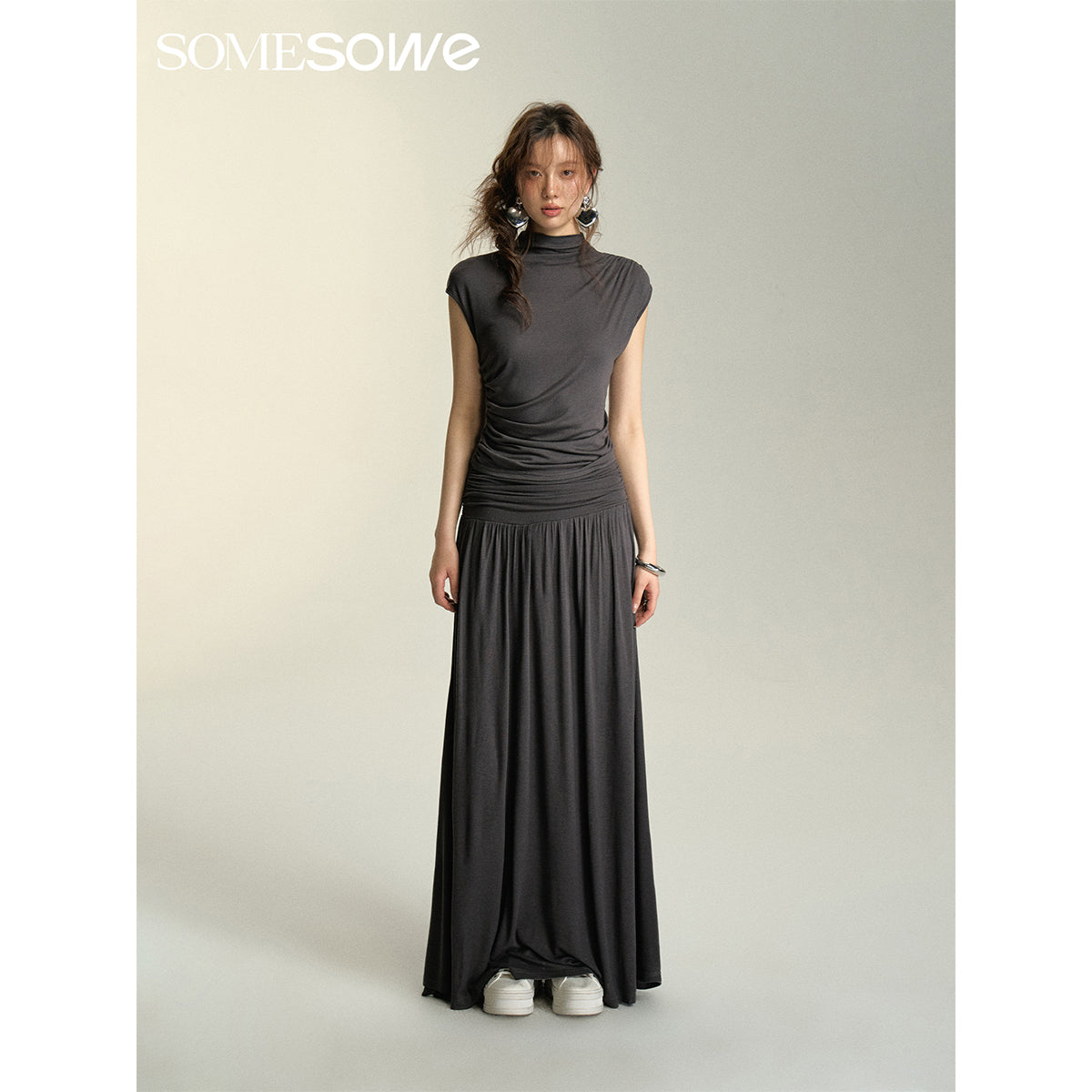 SomeSowe Heaped Ruffle Long Skirt Dark Grey