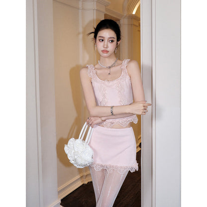 MeliMosa Lace Knit Sleeveless Vest And Skirt Set Pink