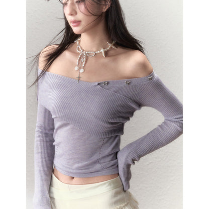 Via Pitti Bow-Knot Pin Off Shoulder Knit Top Purple