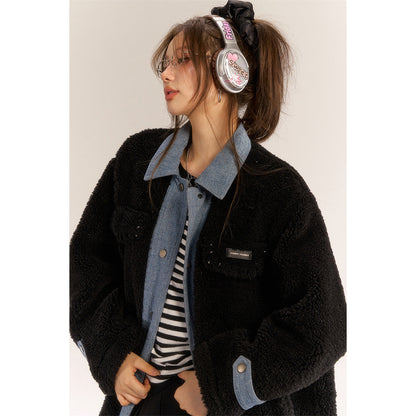 AsGony Fake-2-Piece Denim Patchwork Fleece Long Coat Black