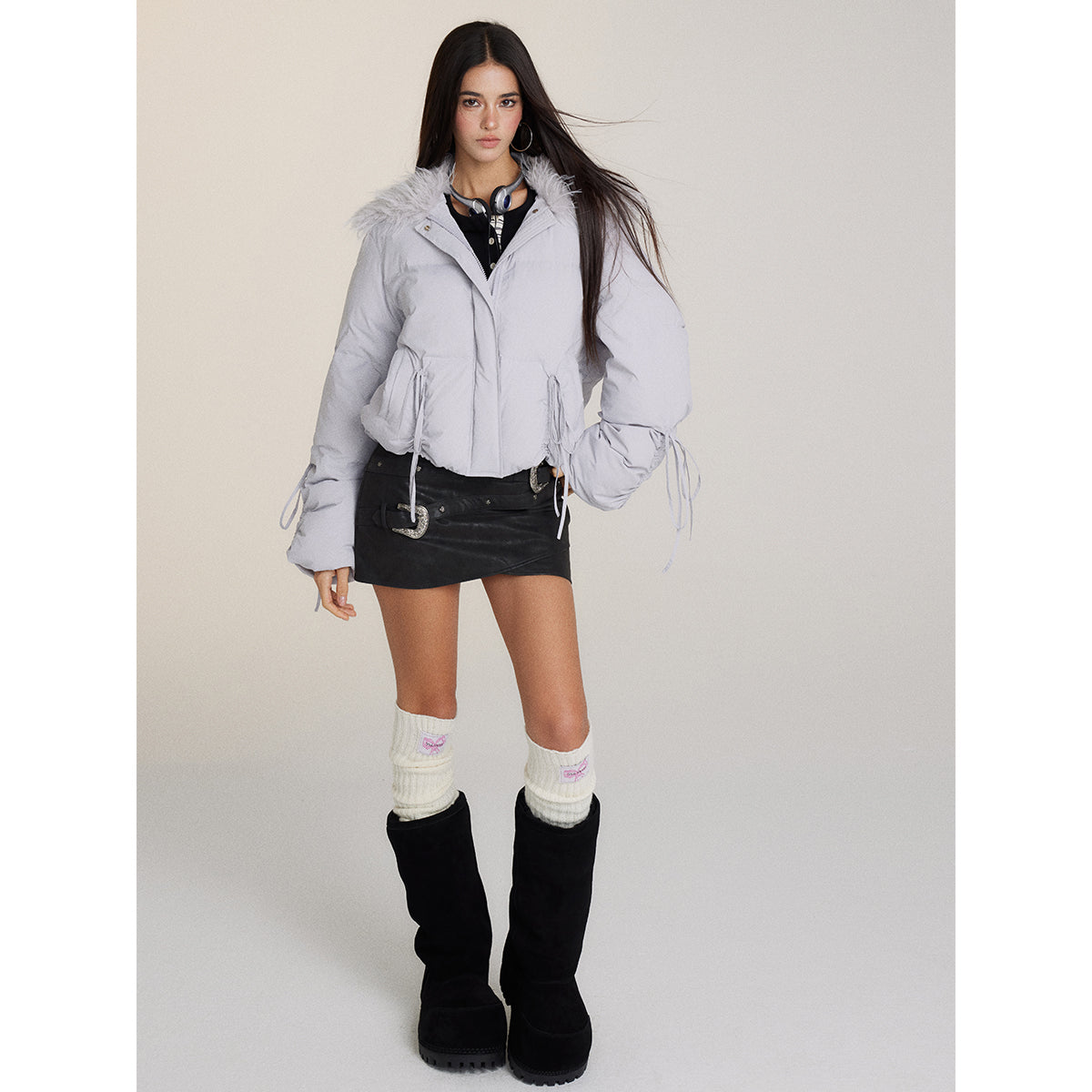 Via Pitti Bow Drawstring Fur Collar Down Jacket Light Gray