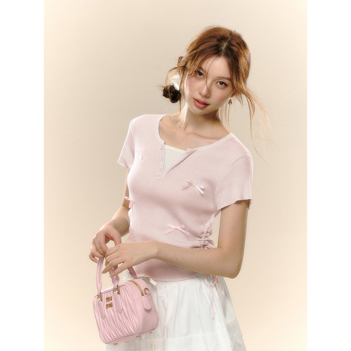 AsGony Fake-2-Piece Bow Tie Drawstring Knit Top Pink