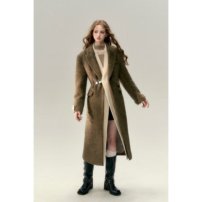 Via Pitti Fake-2-Piece Thicken Long Fleece Coat Brown