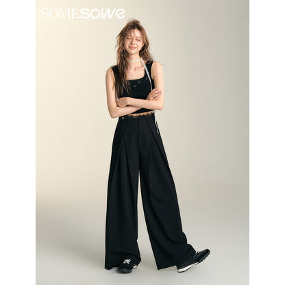 SomeSowe Lace Patchwork Pleated Suit Pants Black