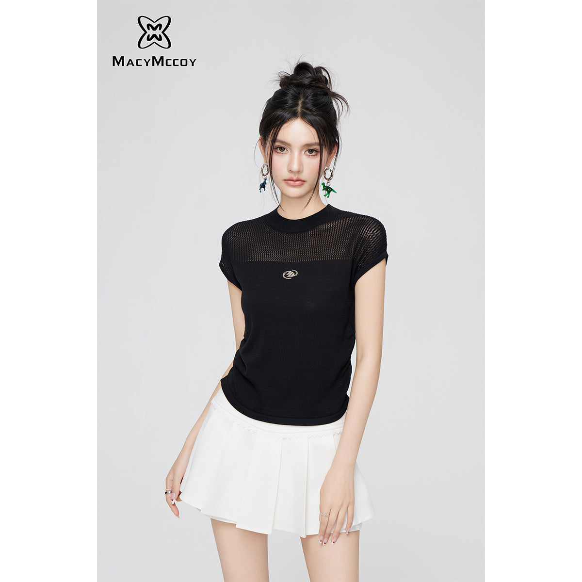 MacyMccoy Metal Logo Hollow Pleated Knit Top Black