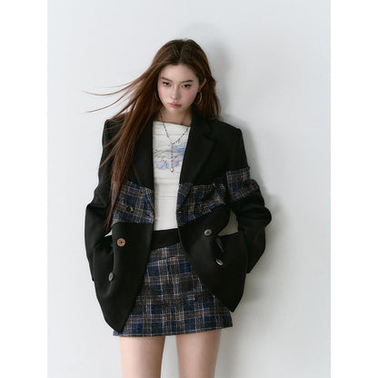 Via Pitti Heavy Plaid Patchwork Mid-Length Coat Black