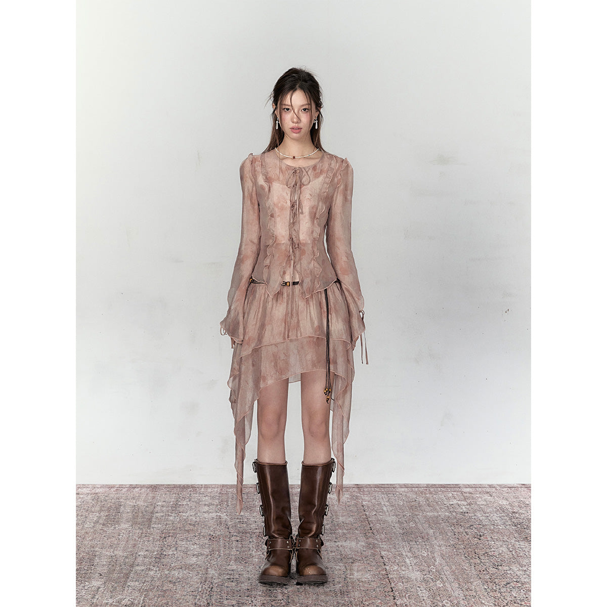 Via Pitti Ruffled Drawstring Tie Top Brown