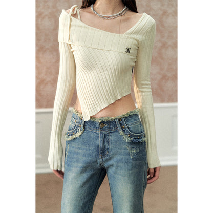 Via Pitti Irregular Edge Cutting Knit Slim Top White