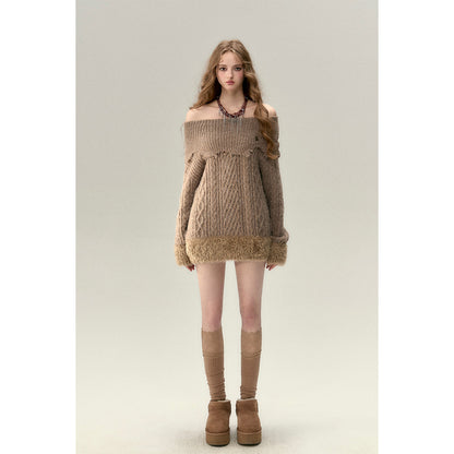 Via Pitti Destroy Cutting Off-Shoulder Knit Sweater Dress Khaki