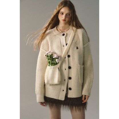 Via Pitti Waffle-Knit Cardigan Cream