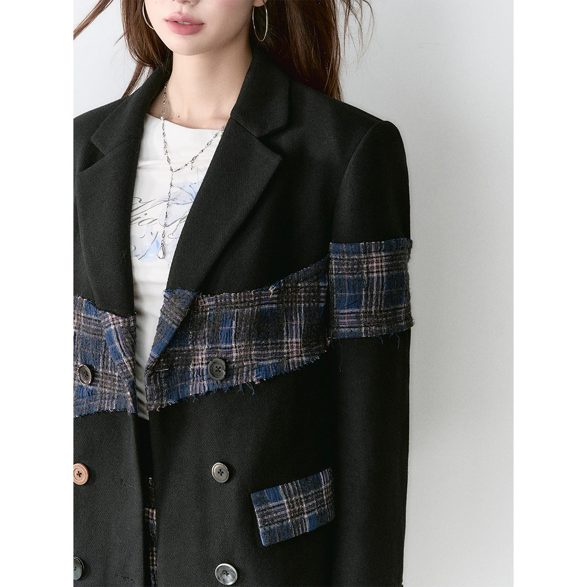 Via Pitti Heavy Plaid Patchwork Mid-Length Coat Black