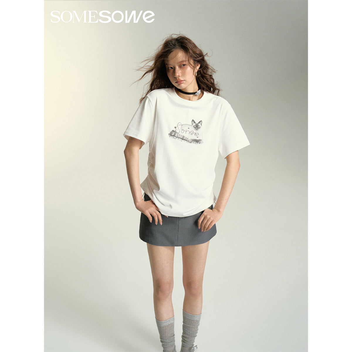 SomeSowe Lazy Cat Drawstring Loose T-Shirt White