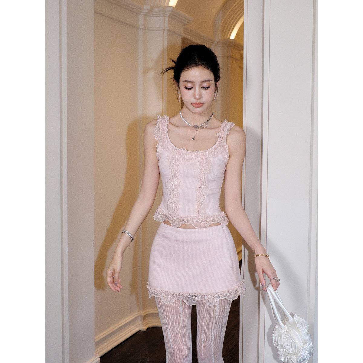 MeliMosa Lace Knit Sleeveless Vest And Skirt Set Pink