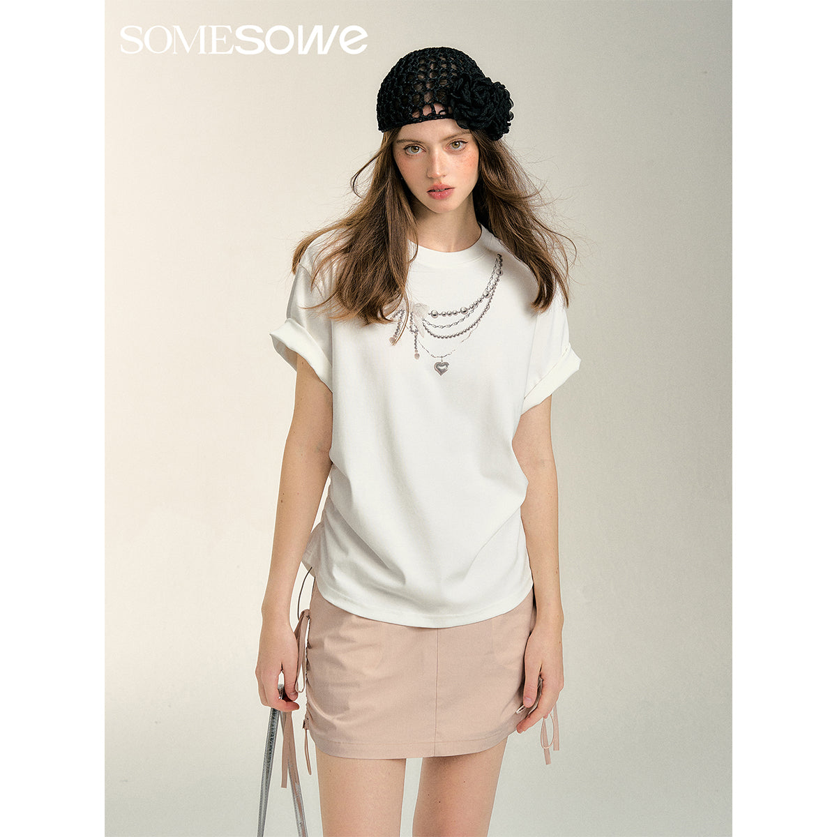 SomeSowe Pearl Necklace Printed Drawstring T-Shirt White