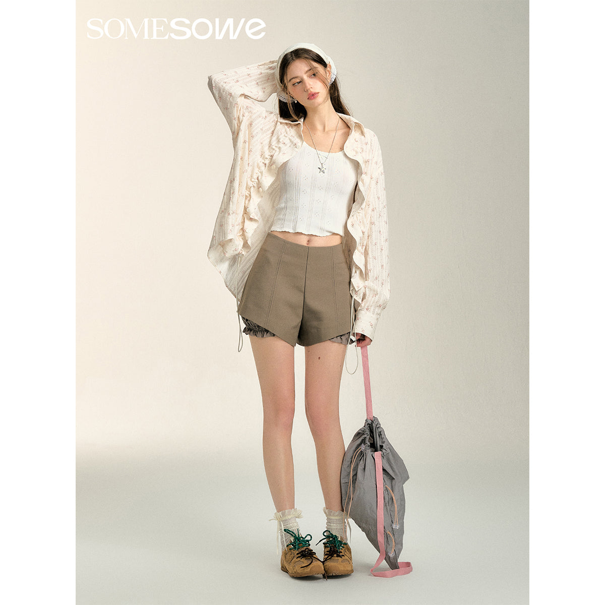 SomeSowe Split Patchwork Layered Bud Shorts Khaki