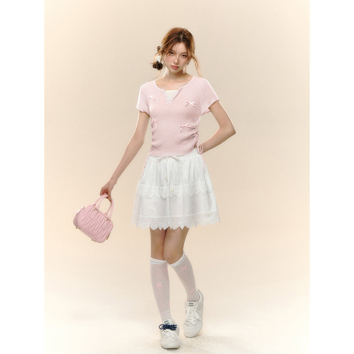 AsGony Fake-2-Piece Bow Tie Drawstring Knit Top Pink