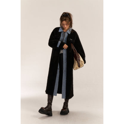 AsGony Fake-2-Piece Denim Patchwork Fleece Long Coat Black