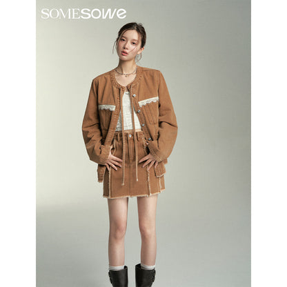 SomeSowe Lace Patchwork Denim Jacket Brown