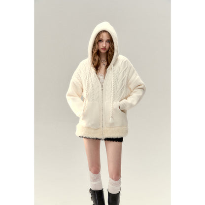 Via Pitti Fuzzy Edge Hooded Twist Knit Zipped Cardigan Cream