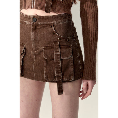 Via Pitti Washed Denim Cargo Skirt Shorts Brown