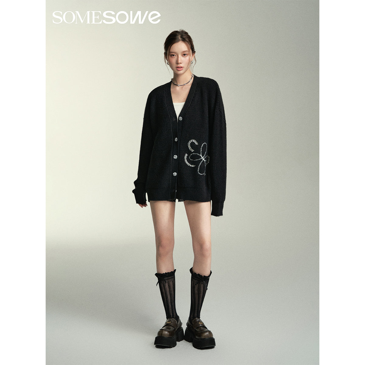 SomeSowe Beaded Floral Silhouette Cardigan Black