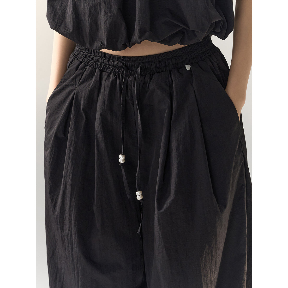 AsGony High Waist Drawstring Wide Leg Pants Black