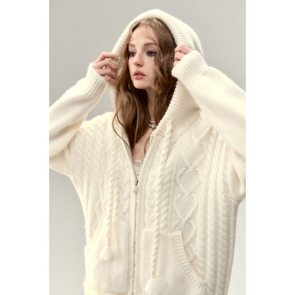 Via Pitti Fuzzy Edge Hooded Twist Knit Zipped Cardigan Cream