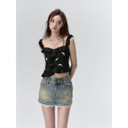 Via Pitti Ruffle Trim Bow Knots Halter Camisole Black