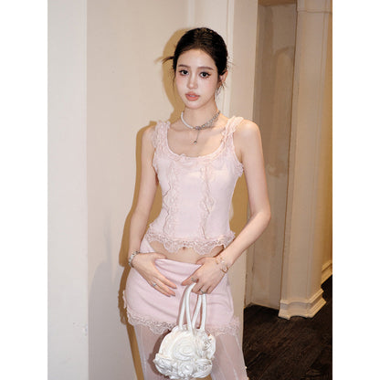 MeliMosa Lace Knit Sleeveless Vest And Skirt Set Pink