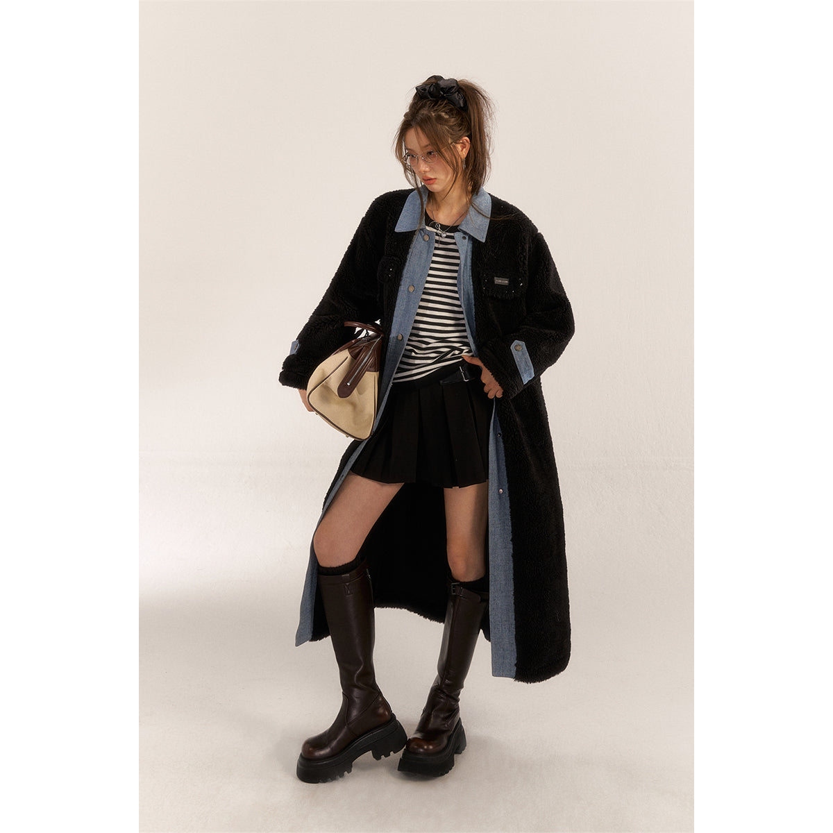 AsGony Fake-2-Piece Denim Patchwork Fleece Long Coat Black