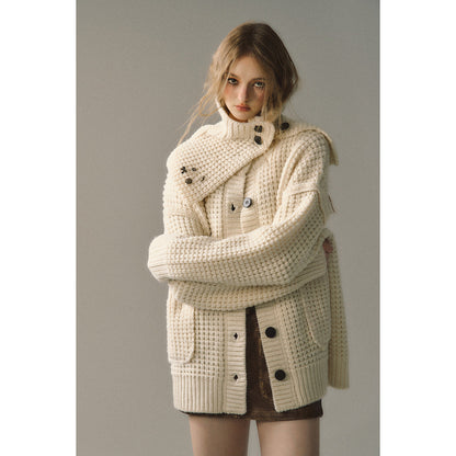 Via Pitti Waffle-Knit Cardigan Cream