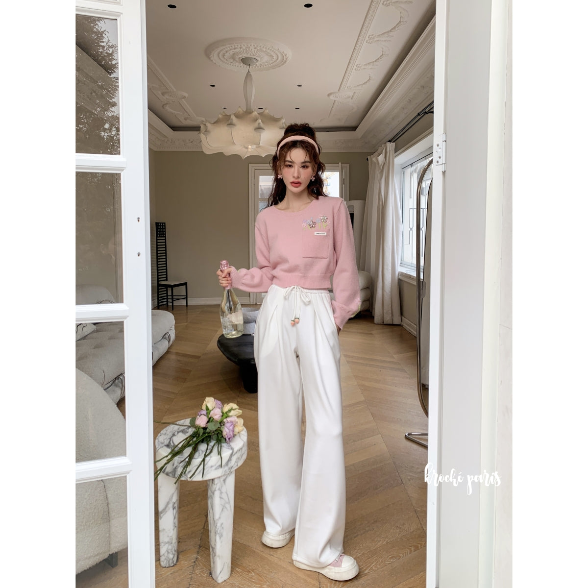 Kroche Peach Belt Wide Leg Pants White