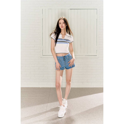 Via Pitti Color Blocked Striped Knit Crop Top White