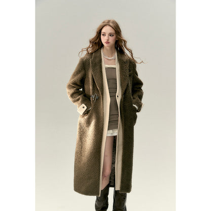 Via Pitti Fake-2-Piece Thicken Long Fleece Coat Brown