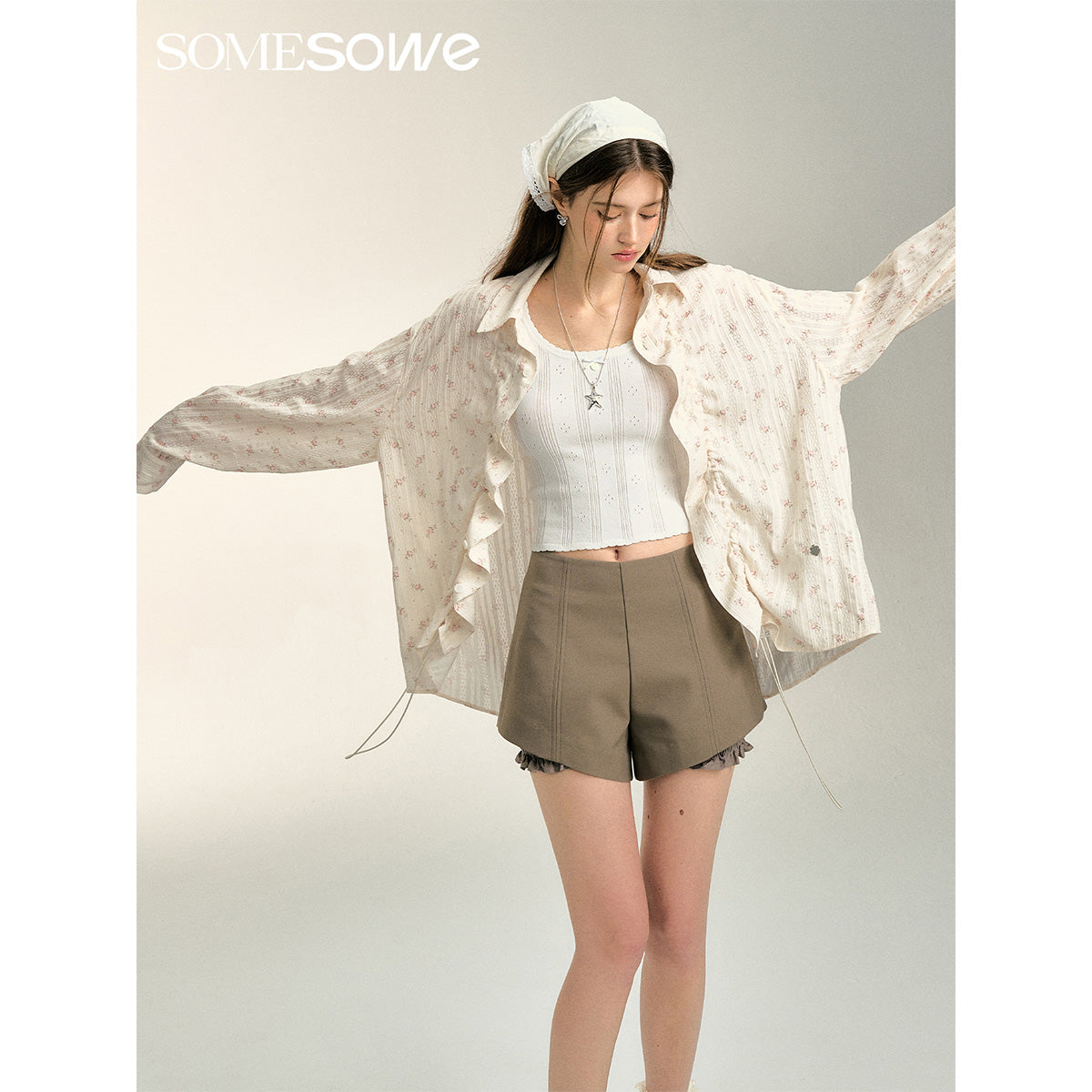 SomeSowe Split Patchwork Layered Bud Shorts Khaki