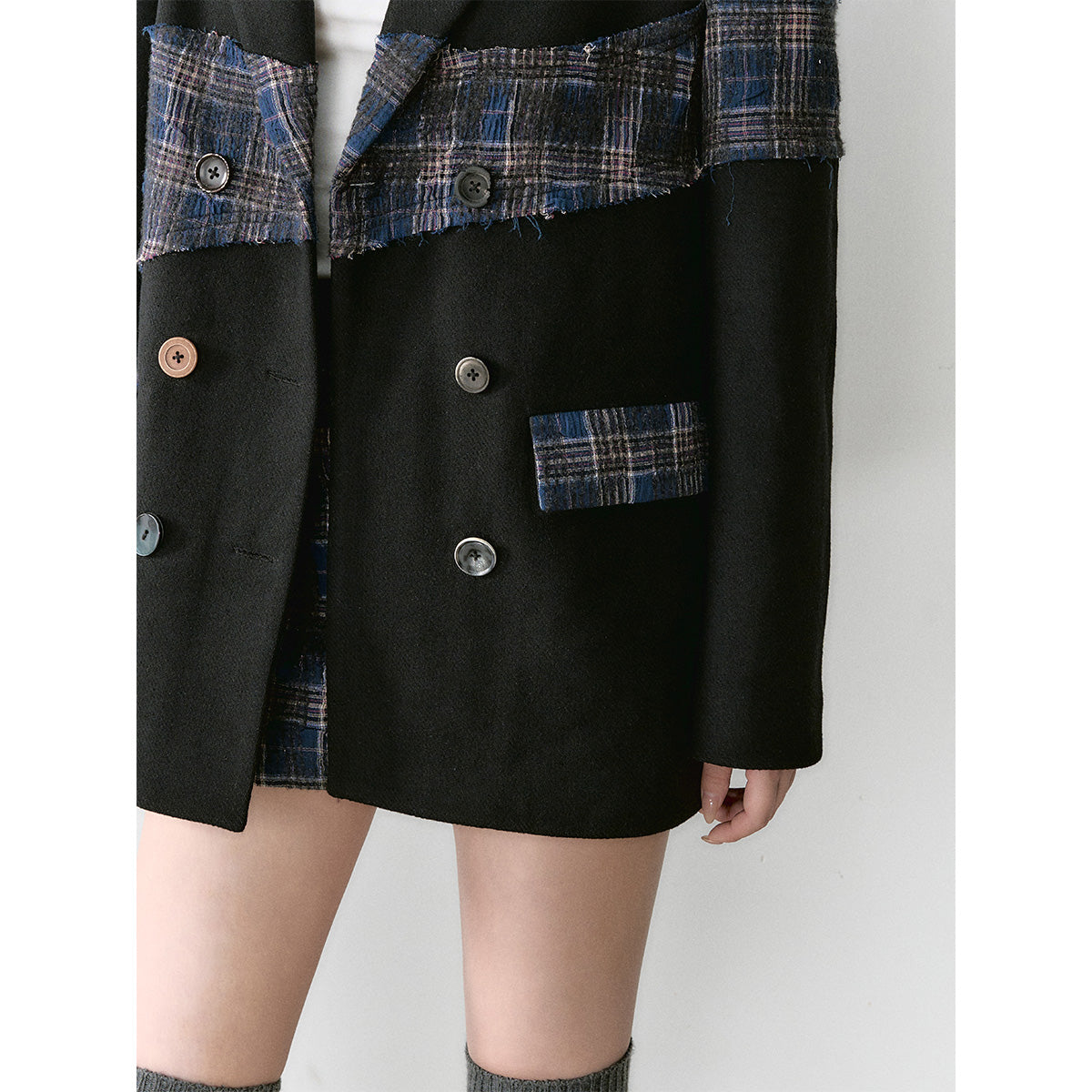 Via Pitti Heavy Plaid Patchwork Mid-Length Coat Black